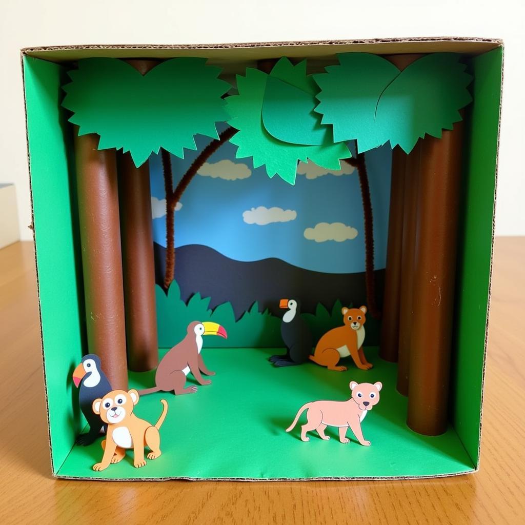 A miniature rainforest diorama created by preschoolers