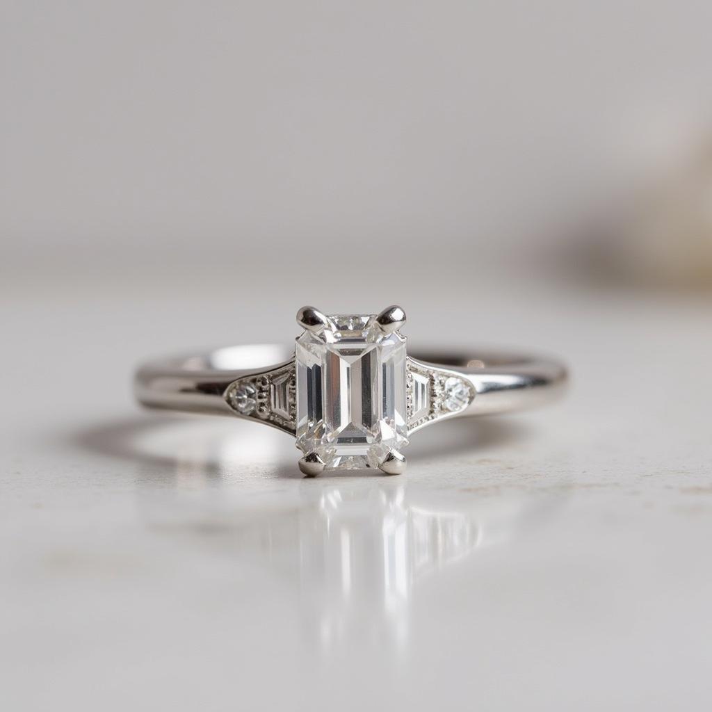 Platinum Minimalist Art Deco Engagement Ring with Baguette Diamond