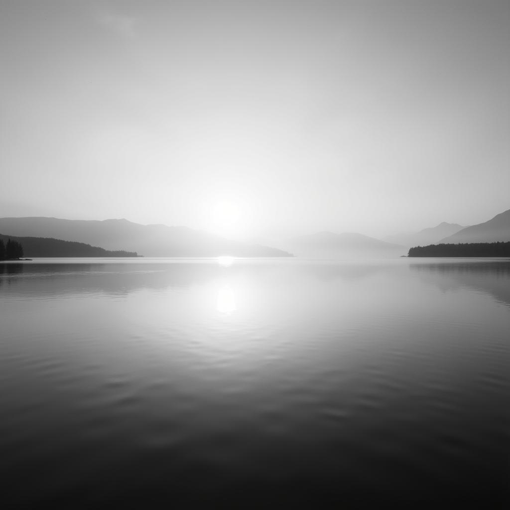 Minimalist black and white photograph of a serene lake scene at dawn