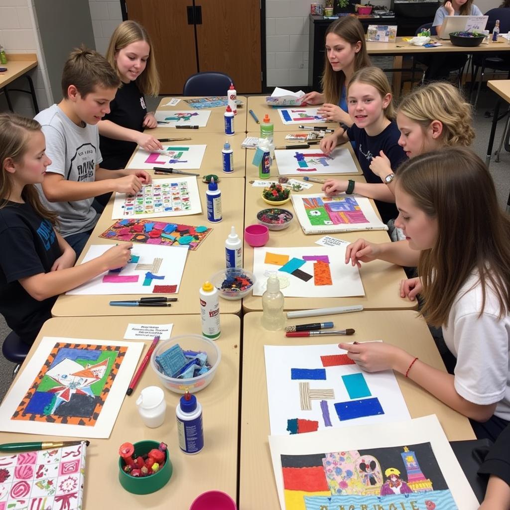 Students creating mixed media collages with various materials