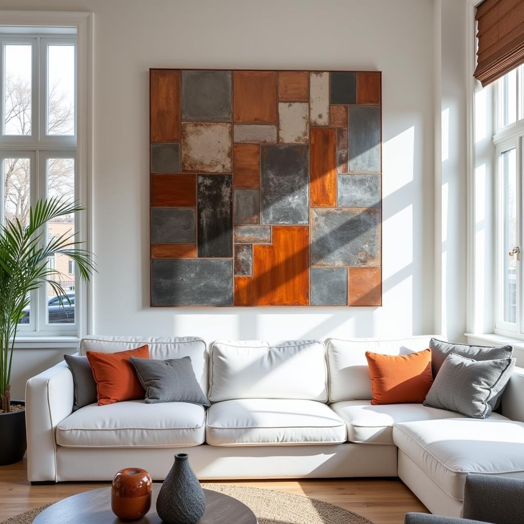 Mixed metal wall art in a modern living room