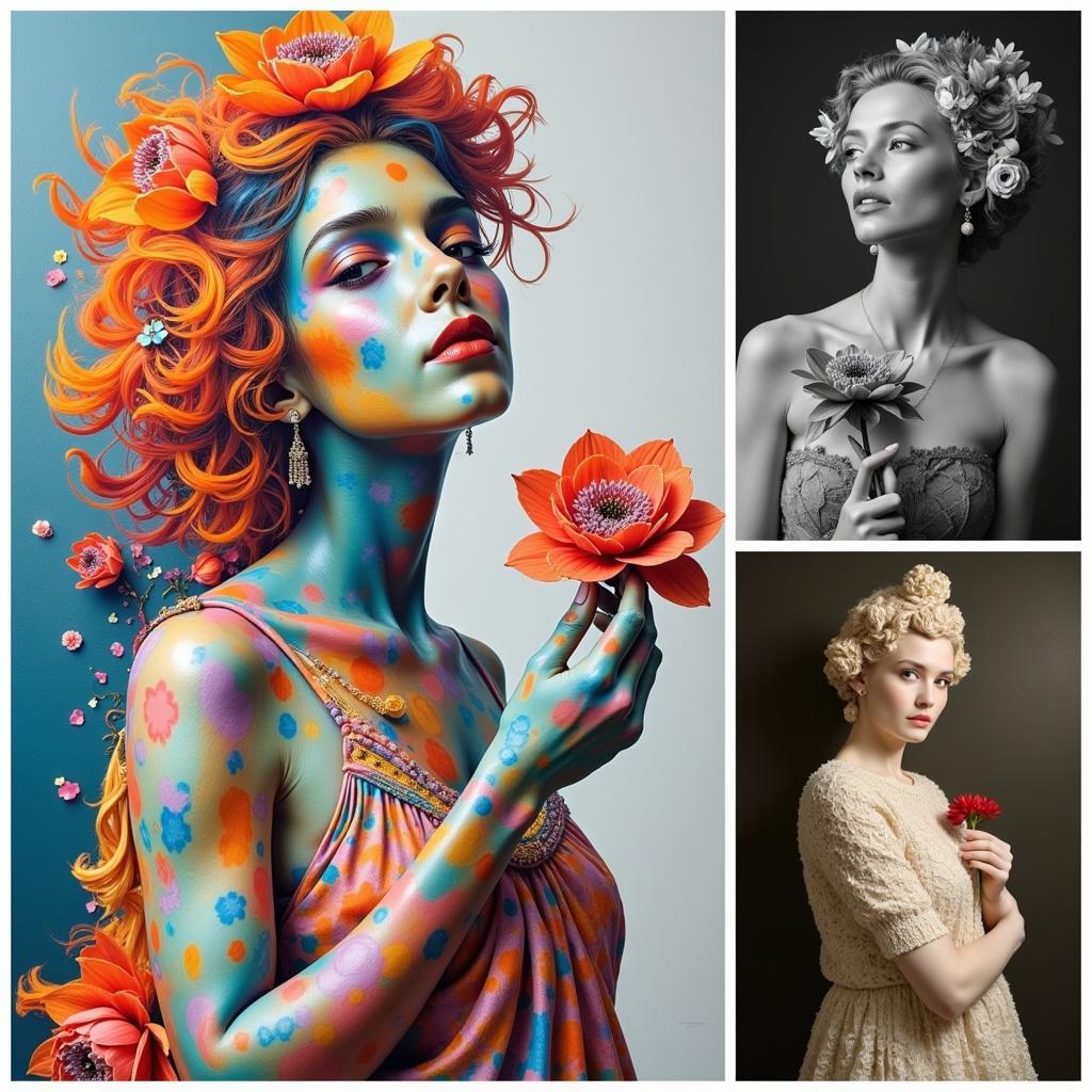 Modern interpretations of the art woman with flowers theme, showcasing diverse artistic styles and mediums.