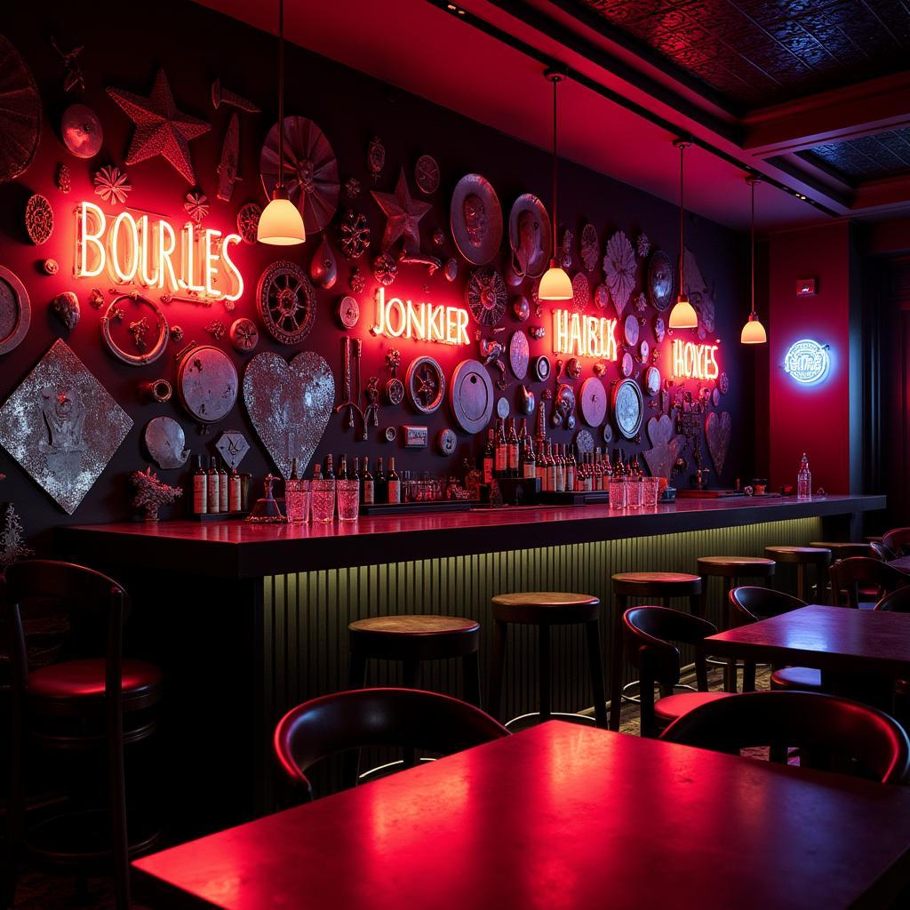 Modern Bar Wall Art with Metal Sculptures and Neon Signs