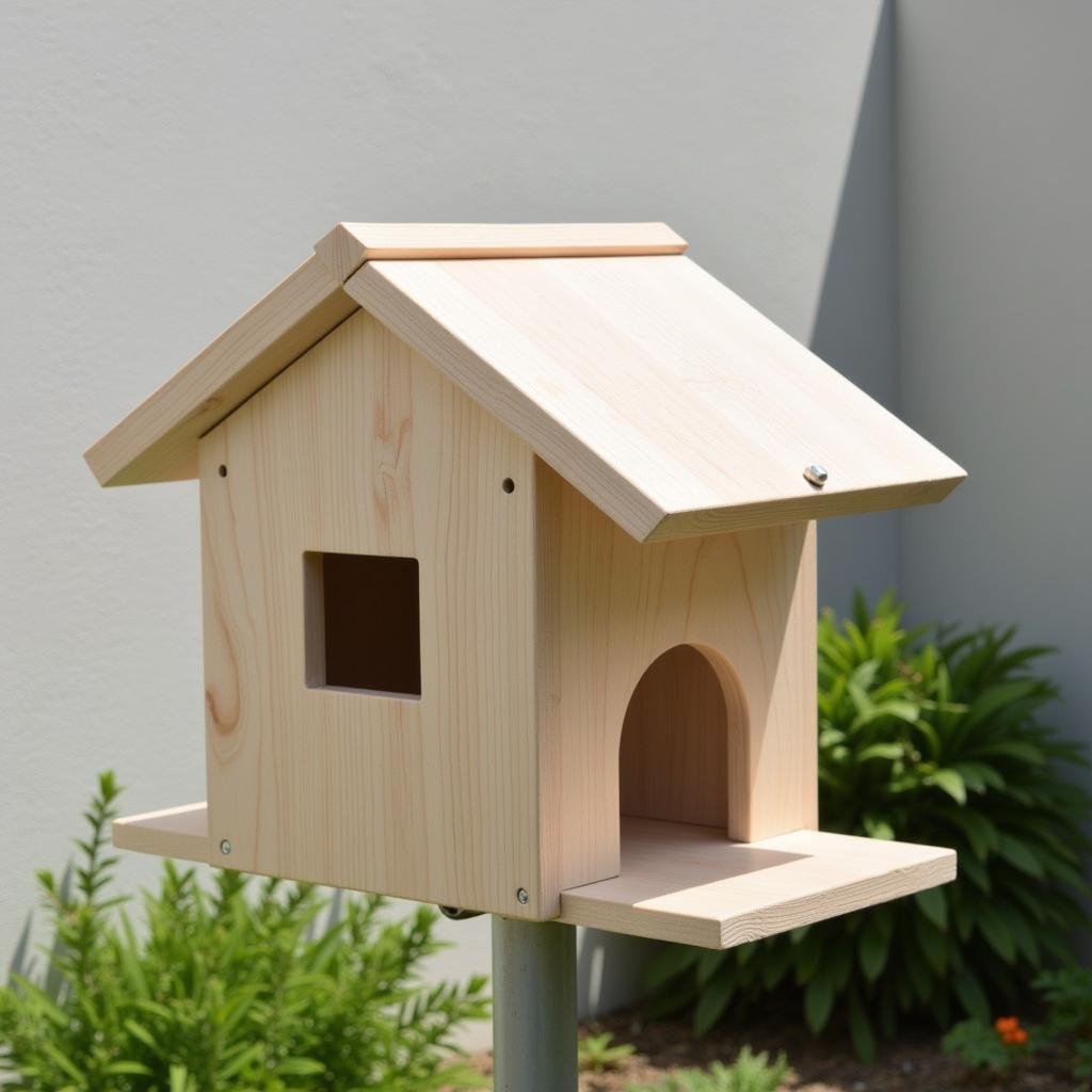 Modern birdhouse with a geometric design.