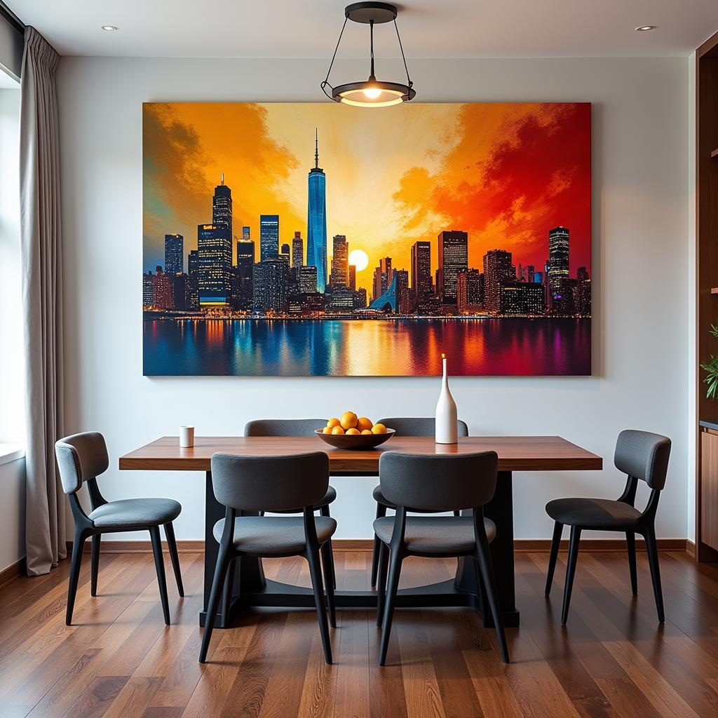 Modern cityscape canvas art in a dining room