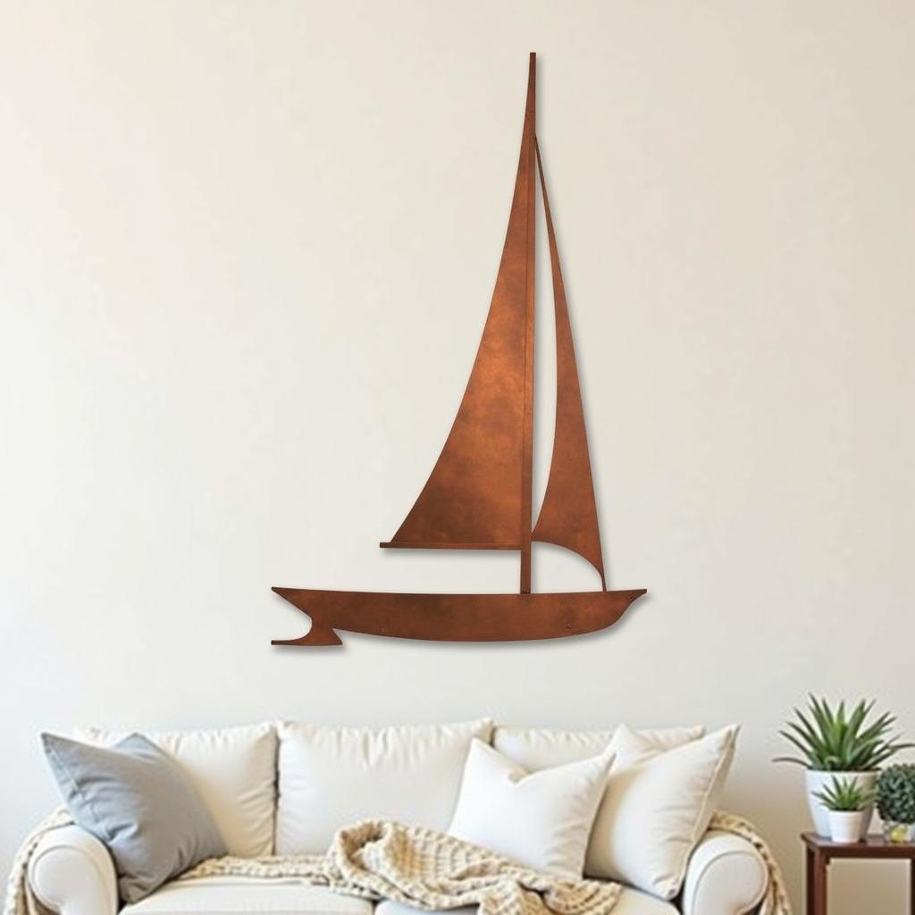 Modern copper sailboat wall art with a minimalist design