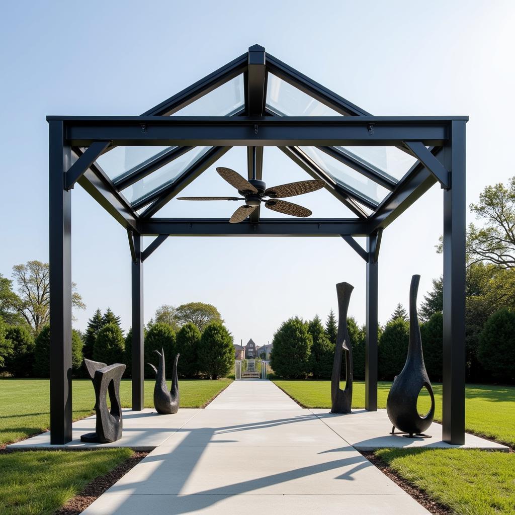 Modern Gazebo with Metal Sculptures and Art Ceiling Fan