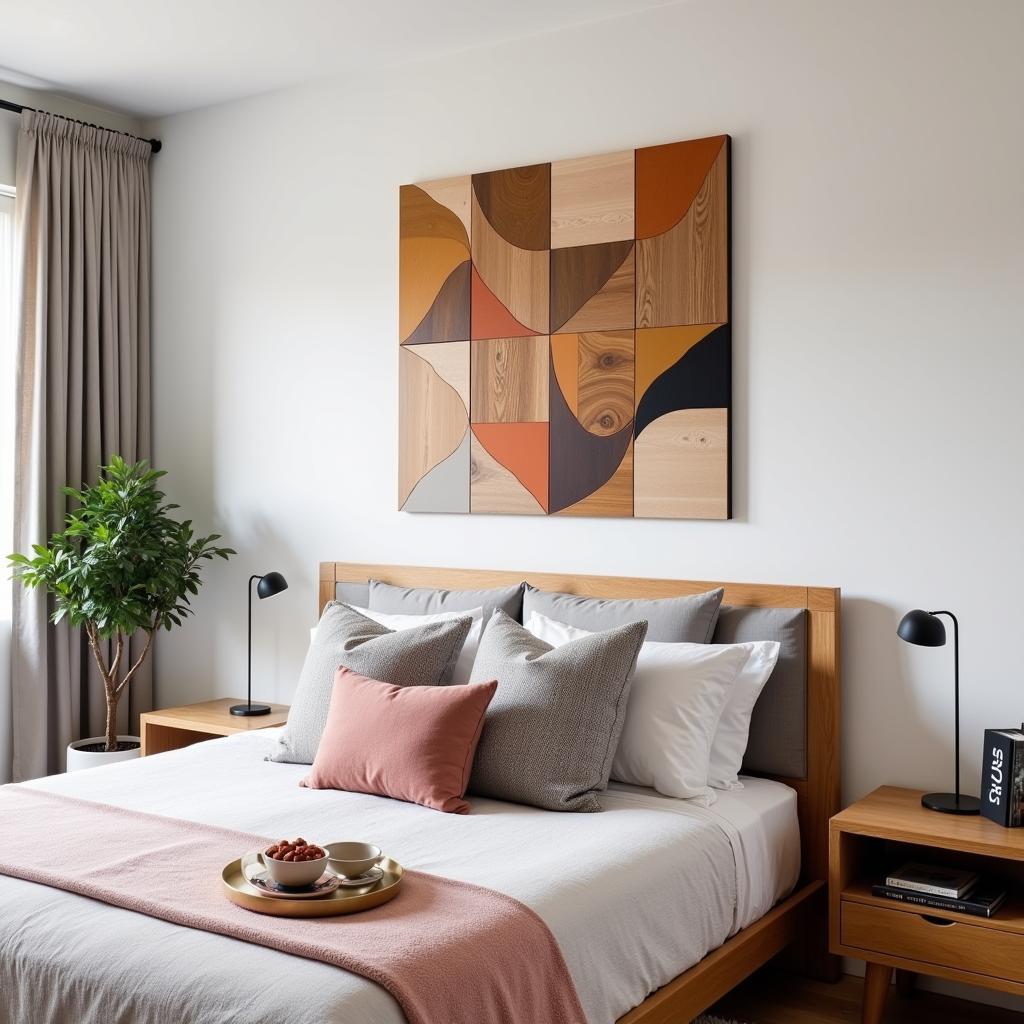 Modern Geometric Wood Wall Art in a Bedroom Setting