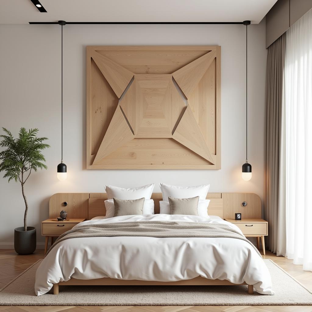 Modern Geometric Wood Wall Art in a Bedroom