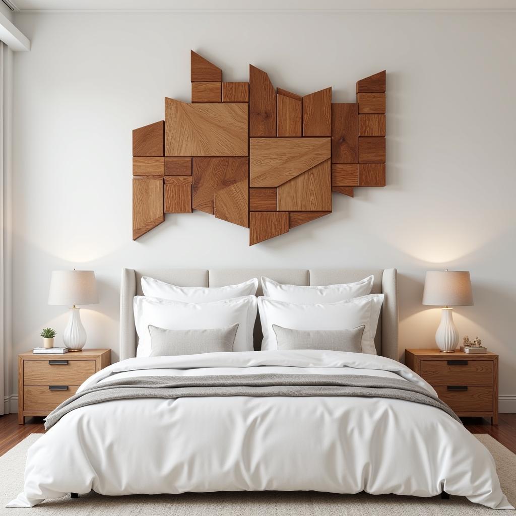 Modern Geometric Wooden Wall Art in a Bedroom