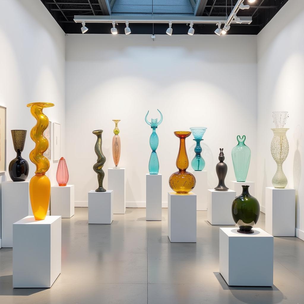 Modern Glass Sculpture Exhibition: A collection of contemporary glass sculptures displayed in a gallery setting, showcasing the diverse forms and artistic expressions possible with glass.