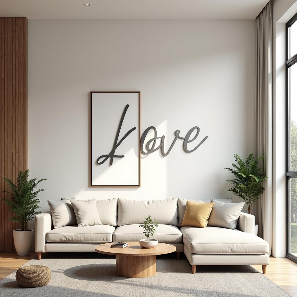 Modern last name wall art displayed prominently in a minimalist living room.