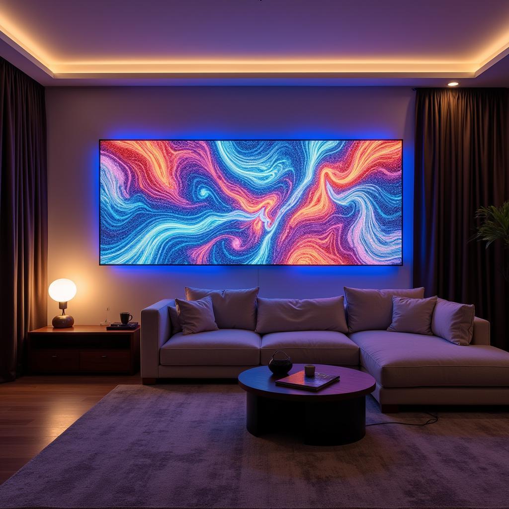 Modern LED wall art illuminating a living room