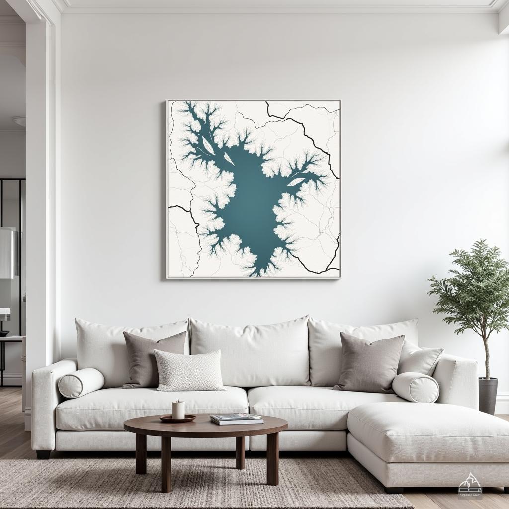 Modern Living Room with Lake Map Metal Print