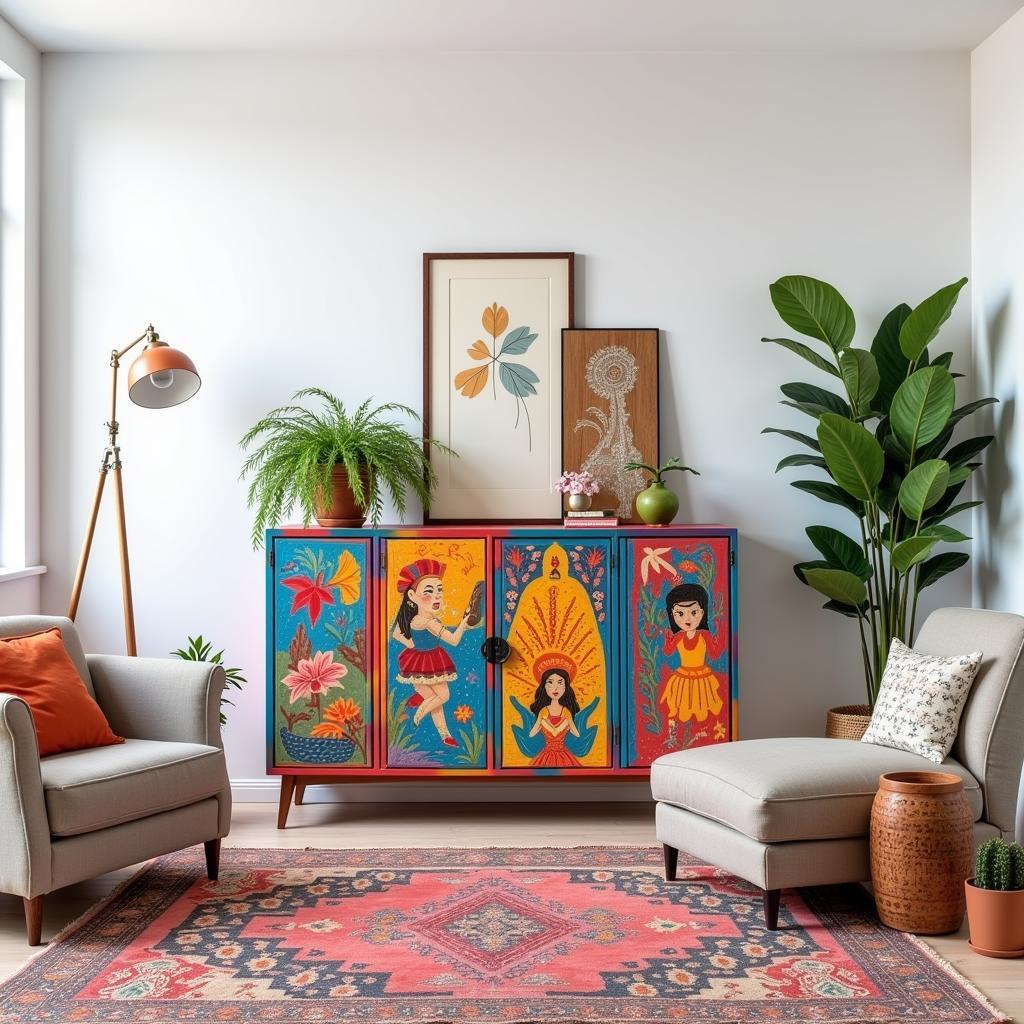 Modern Living Room Decor with a Colorful Folk Art Cabinet as a Focal Point