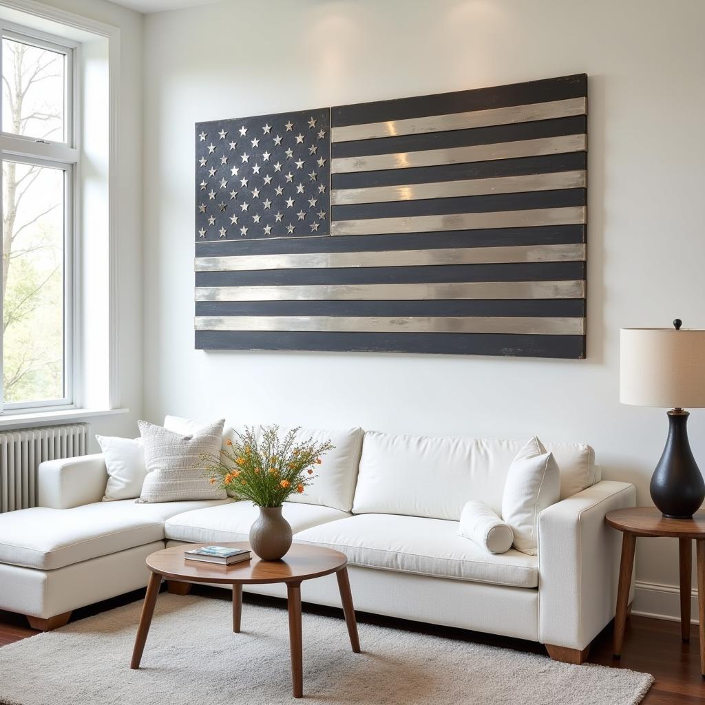 Modern Metal American Flag Art in a Minimalist Living Room