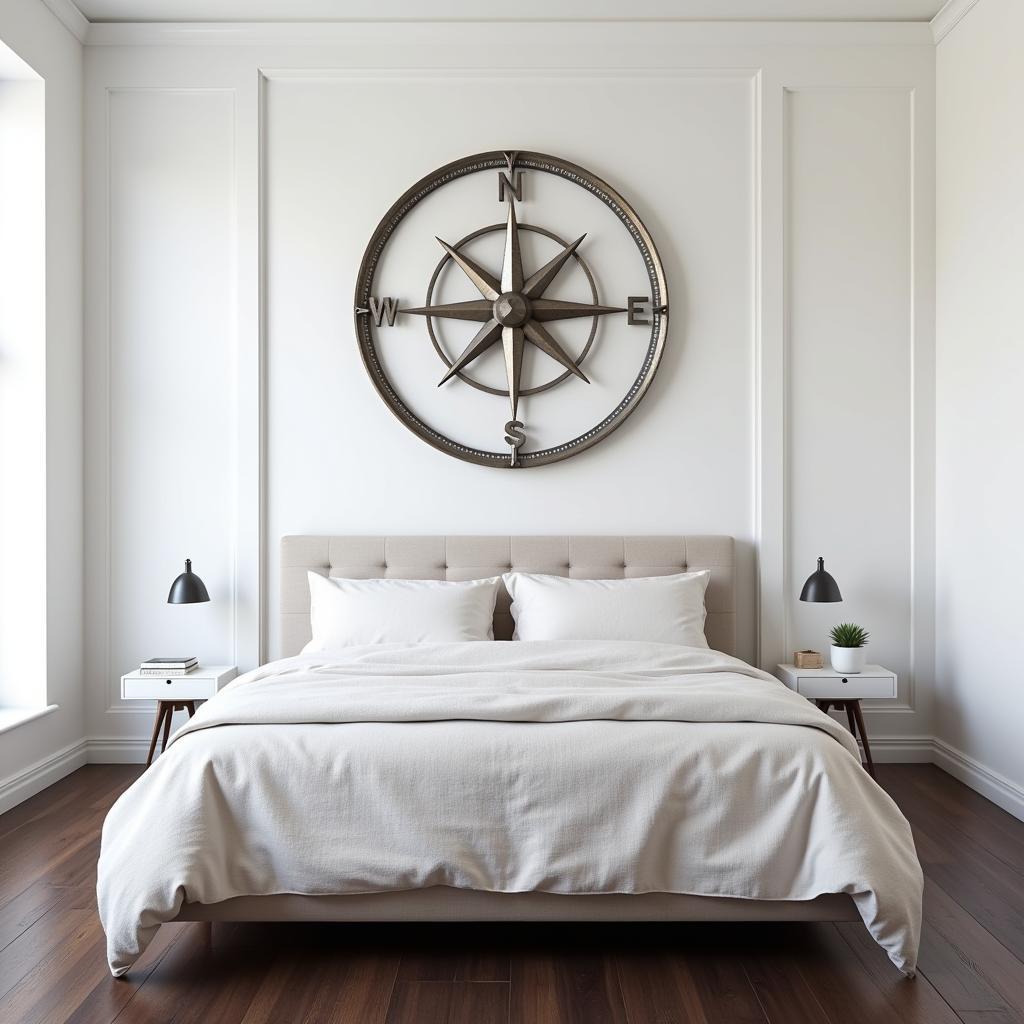 Modern Metal Compass Wall Art in a Minimalist Bedroom