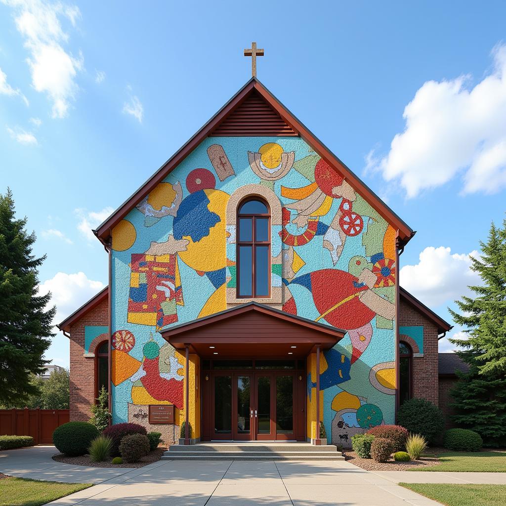 Modern religious mosaic art adorning the facade of a contemporary church.