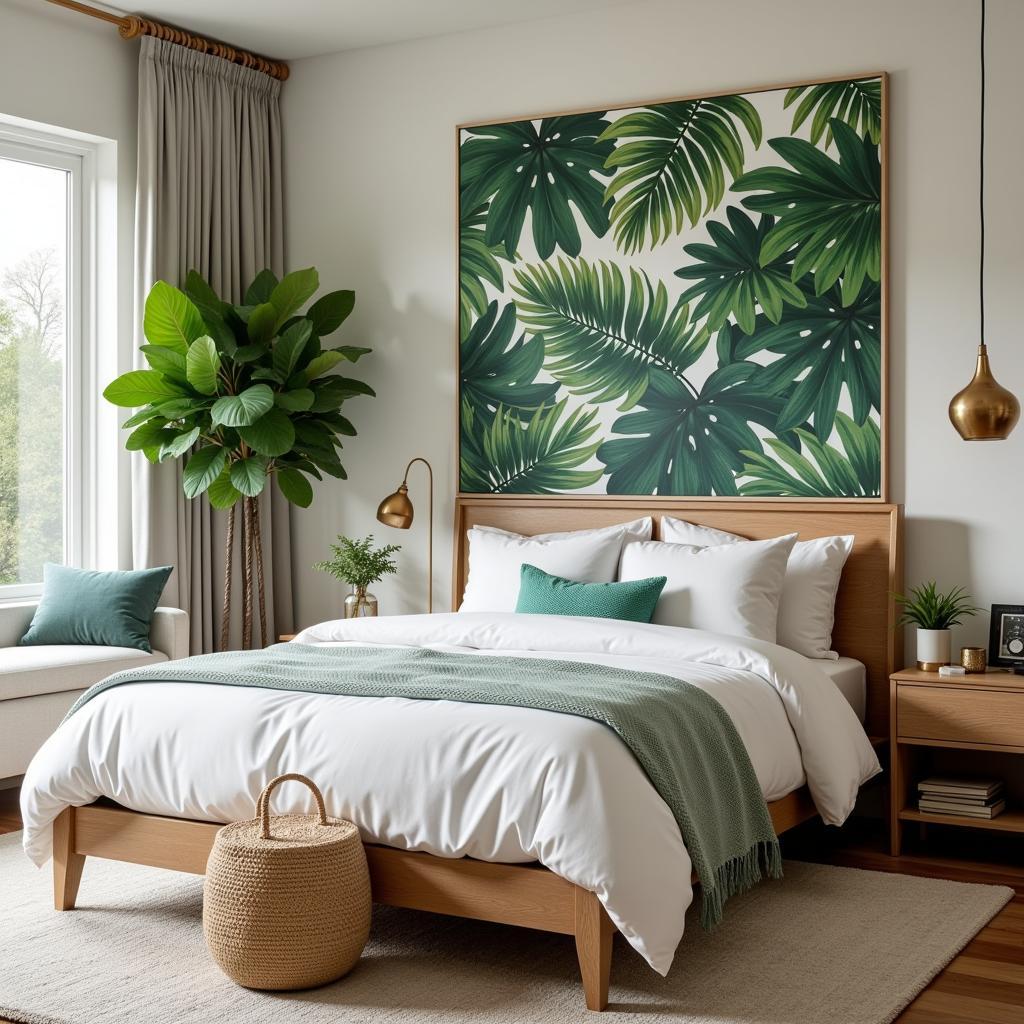 Modern Tropical Bedroom Décor with Jungle Wall Art