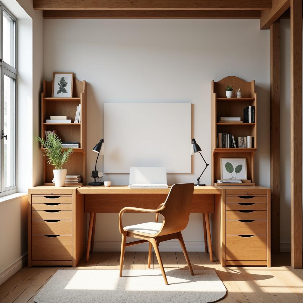 Modern wood art desk studio workstation with ample storage and natural lighting