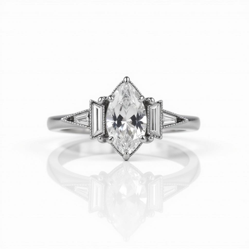 Moissanite Art Deco Ring with Baguette Side Stones