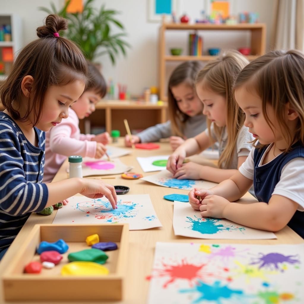 Children exploring various Montessori art materials