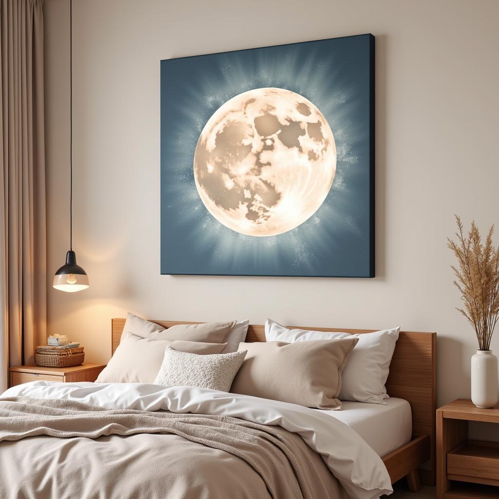 Moon Canvas Wall Art Above a Bed in a Bedroom