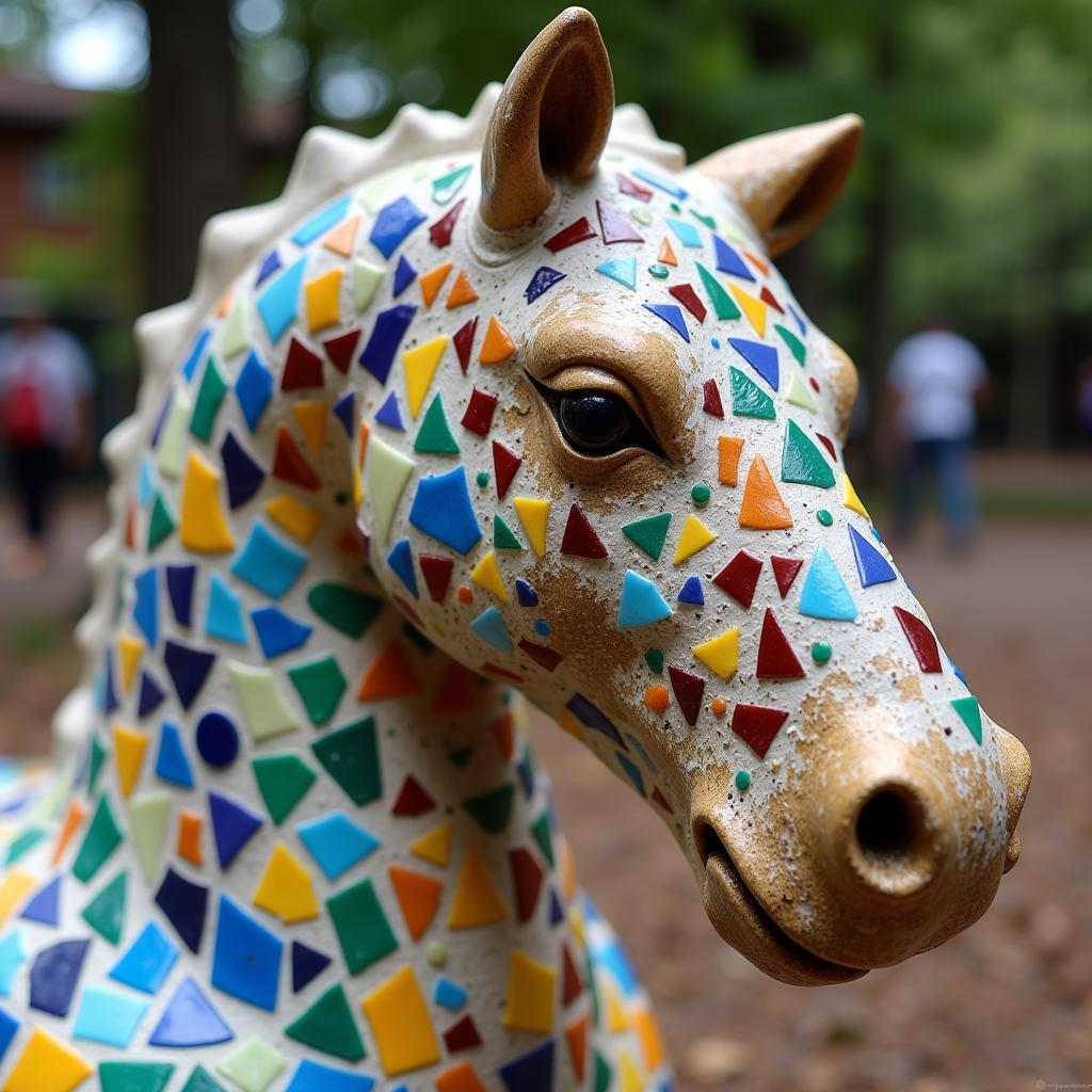 Close-up of a mosaic art horse made of colorful tiles, showcasing the intricate details and vibrant colors