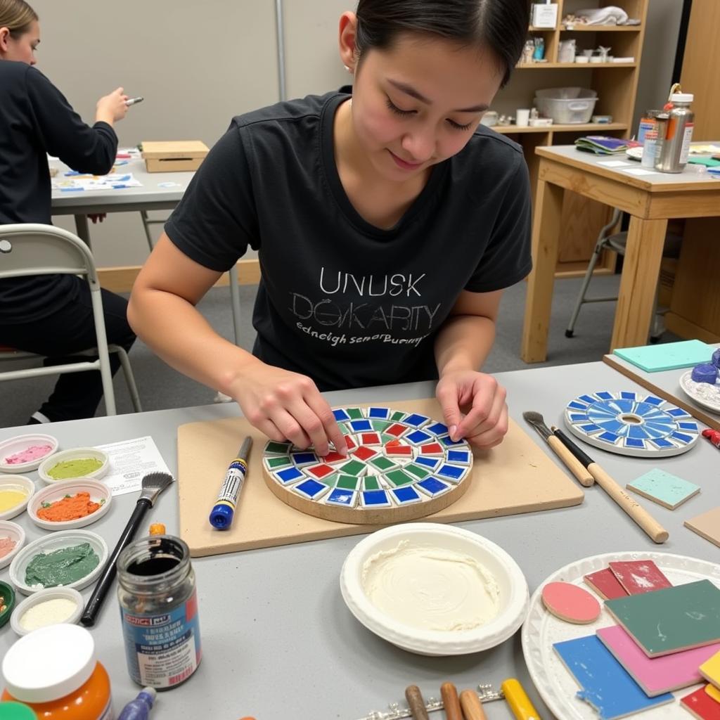 Beginner Creating a Colorful Mosaic in a Mosaic Art Workshop