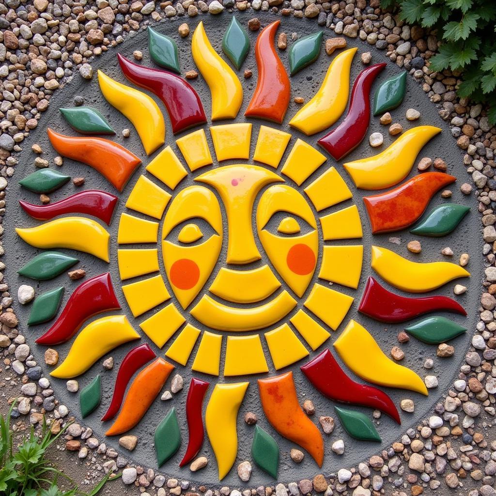 Mosaic sun inlaid into a garden path, creating a whimsical pathway