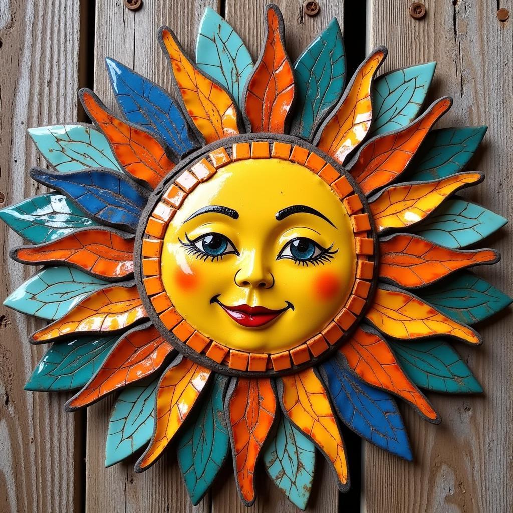 Mosaic sun wall art depicting a radiant sun with intricate details and vibrant colors