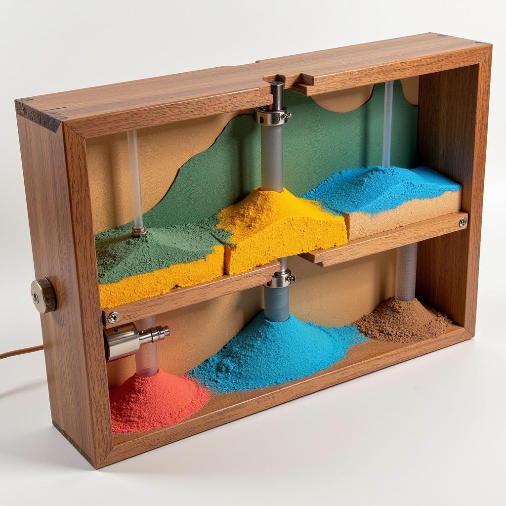 Internal mechanism of a moving sand art wall mount, showing the air pump and sand distribution.