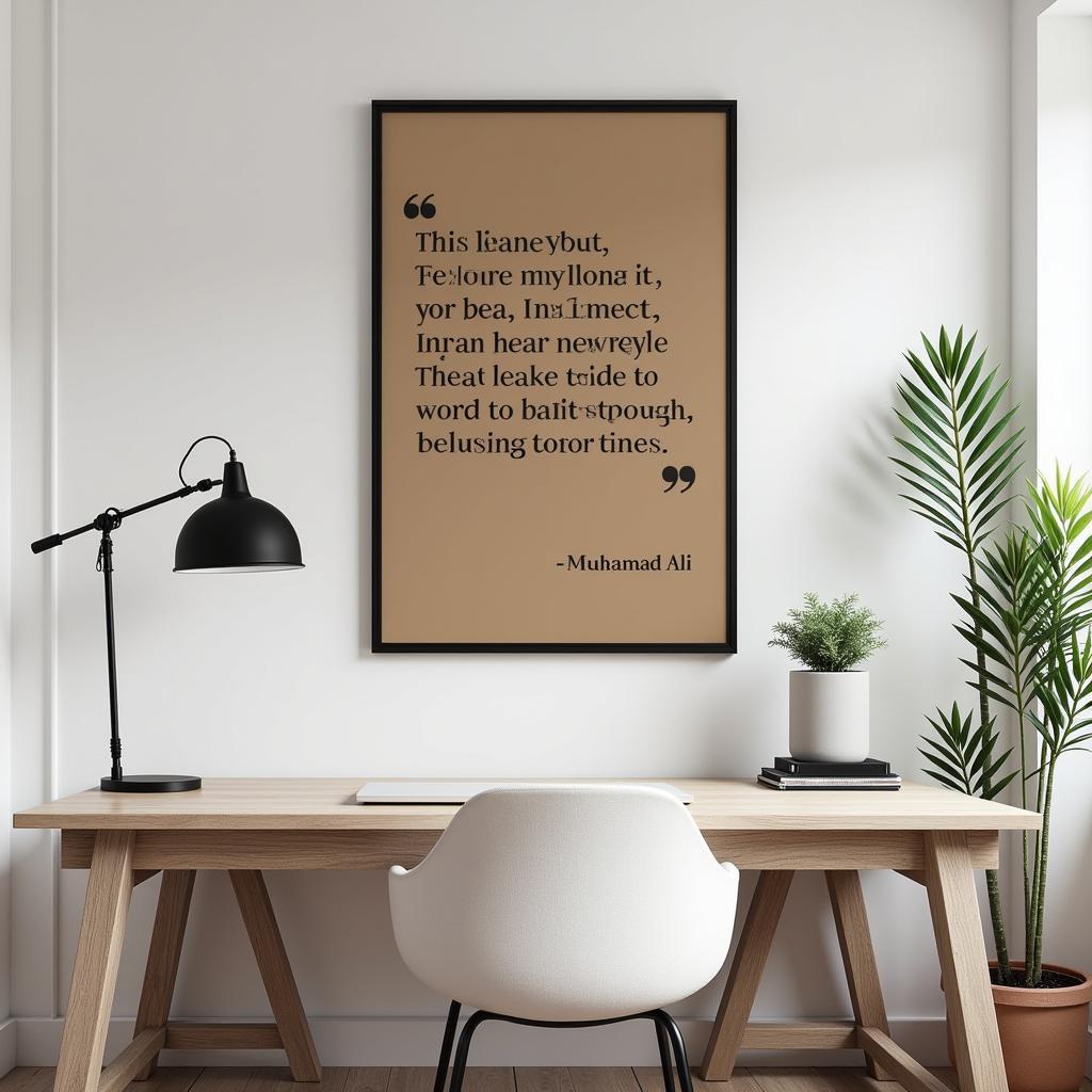 A canvas print in a home office showcasing a motivational quote by Muhammad Ali, inspiring productivity and focus in the workspace.