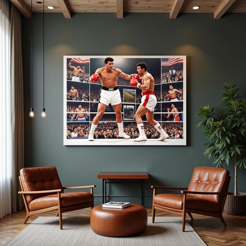 A custom-designed canvas print showcasing a collage of Muhammad Ali’s iconic moments, creating a personalized tribute to the boxing legend.