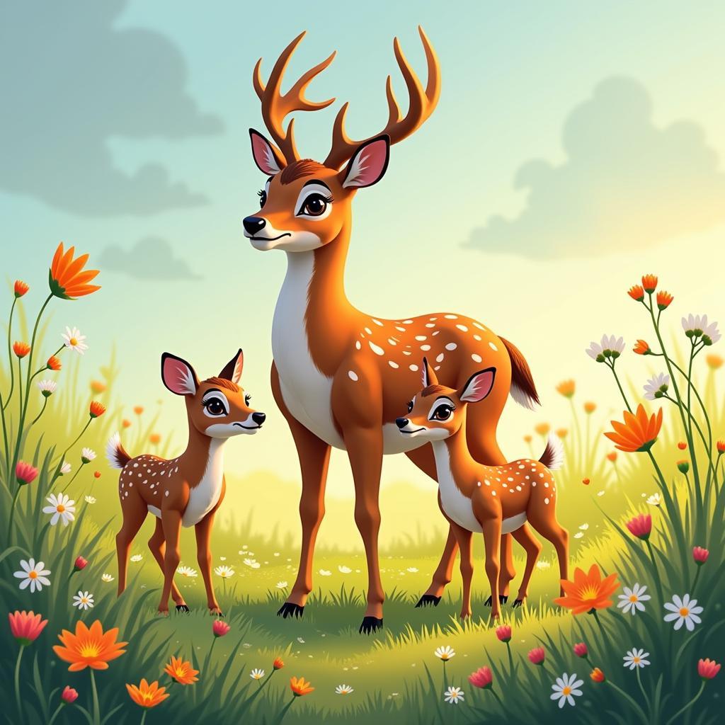 Mule Deer Family in Digital Art