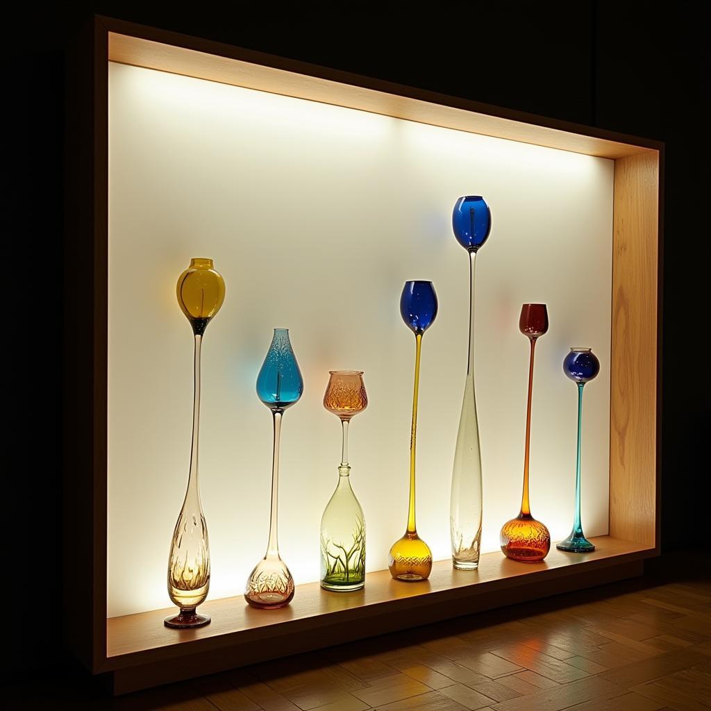 Multiple glass art pieces displayed on a lighted stand