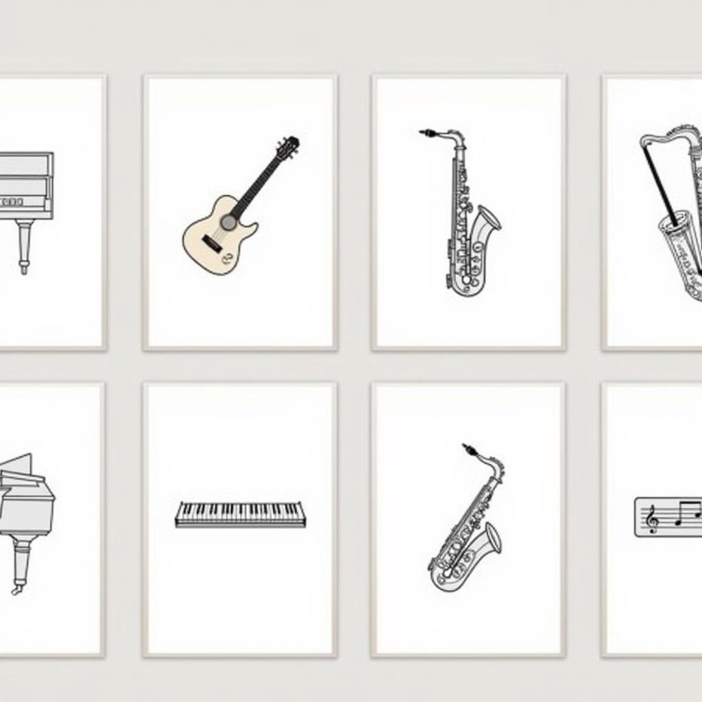 Minimalist music art prints featuring line drawings of various musical instruments.