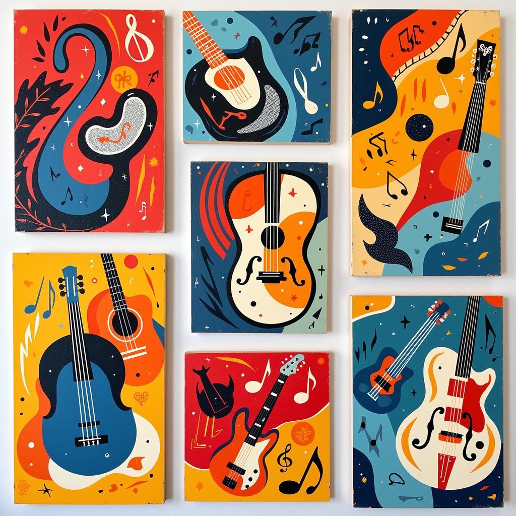 Music art prints featuring vibrant abstract designs inspired by various musical genres.