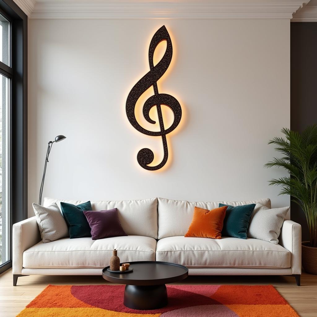 Music symbol wall art adds a touch of elegance to a modern living room setting.