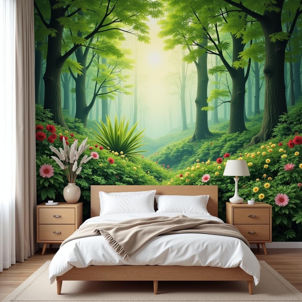 Nature-Inspired Colorful Wallpaper Art in a Bedroom