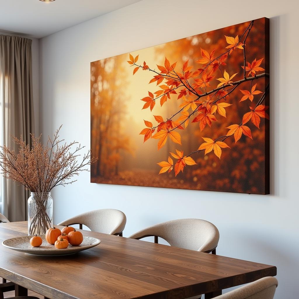 Nature-inspired orange and brown wall decor featuring autumn leaves.