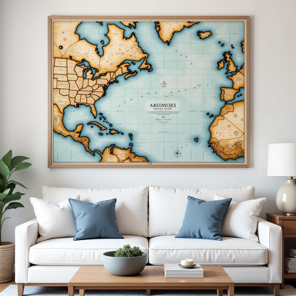 Nautical map wall art in a living room setting