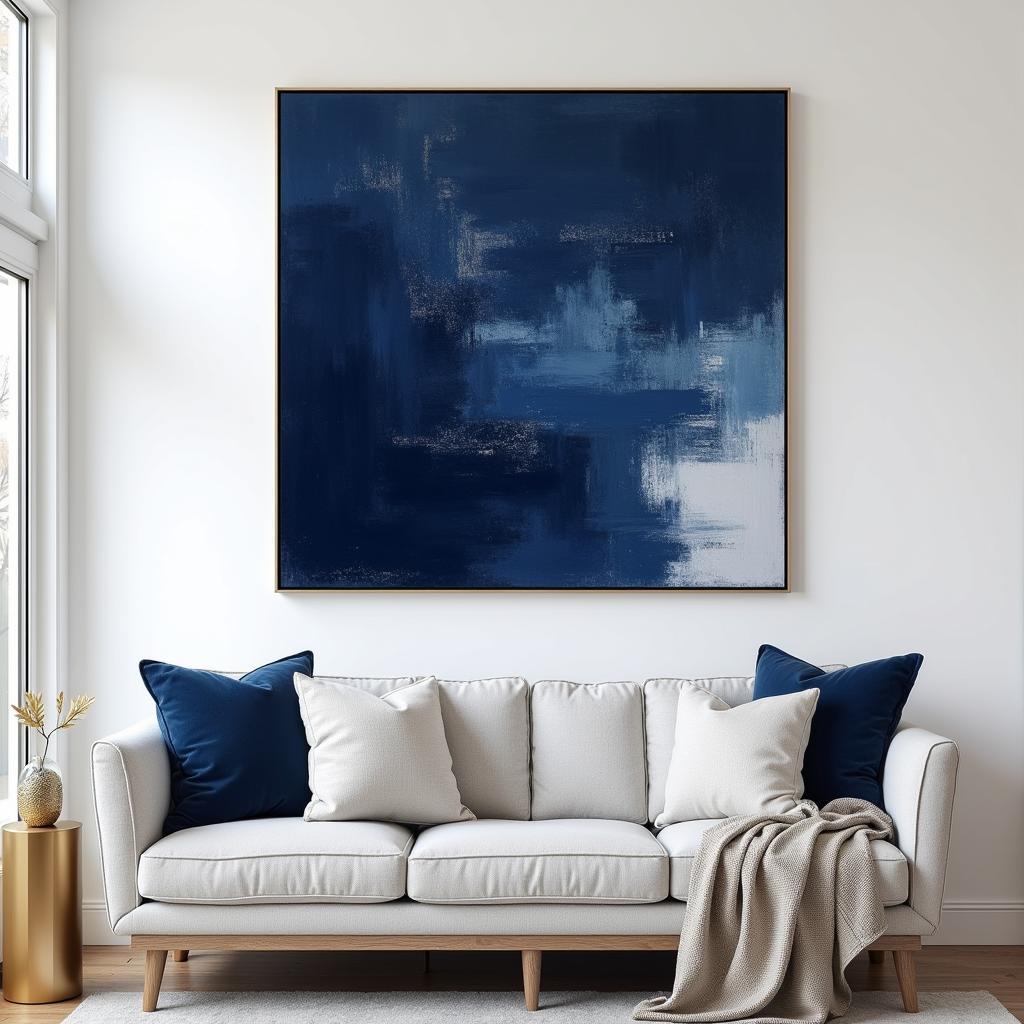 Navy Blue Abstract Canvas Art in a Modern Living Room