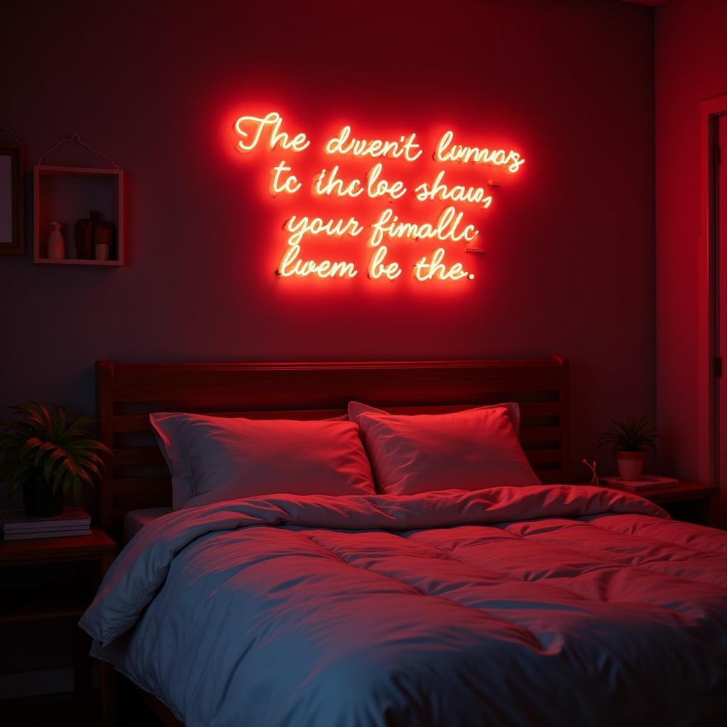 Neon Sign Above a Bed in a Bedroom