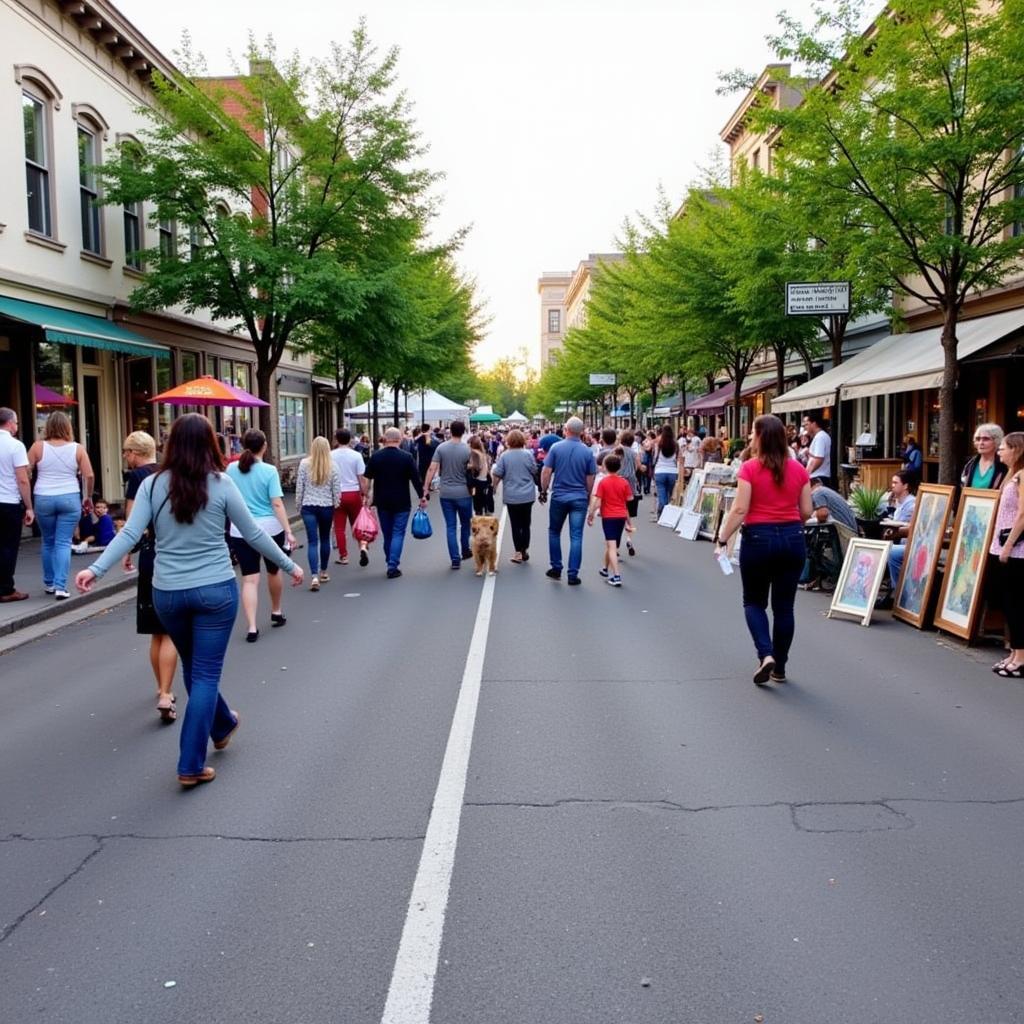 Vibrant street scene during the Nevada City Art Walk, showcasing artists and attendees engaging with the art.