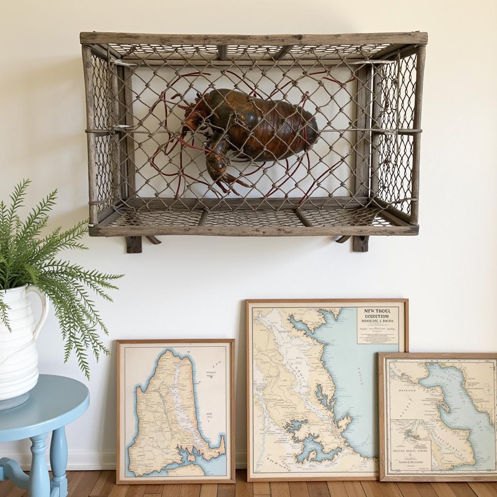 Coastal-themed New England wall art featuring lobster traps and nautical maps