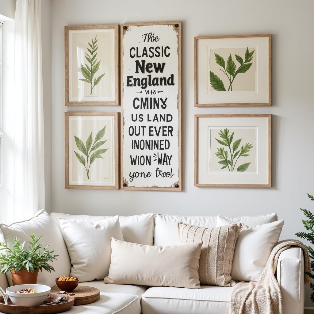 Rustic farmhouse style New England wall art with wooden signs and botanical prints