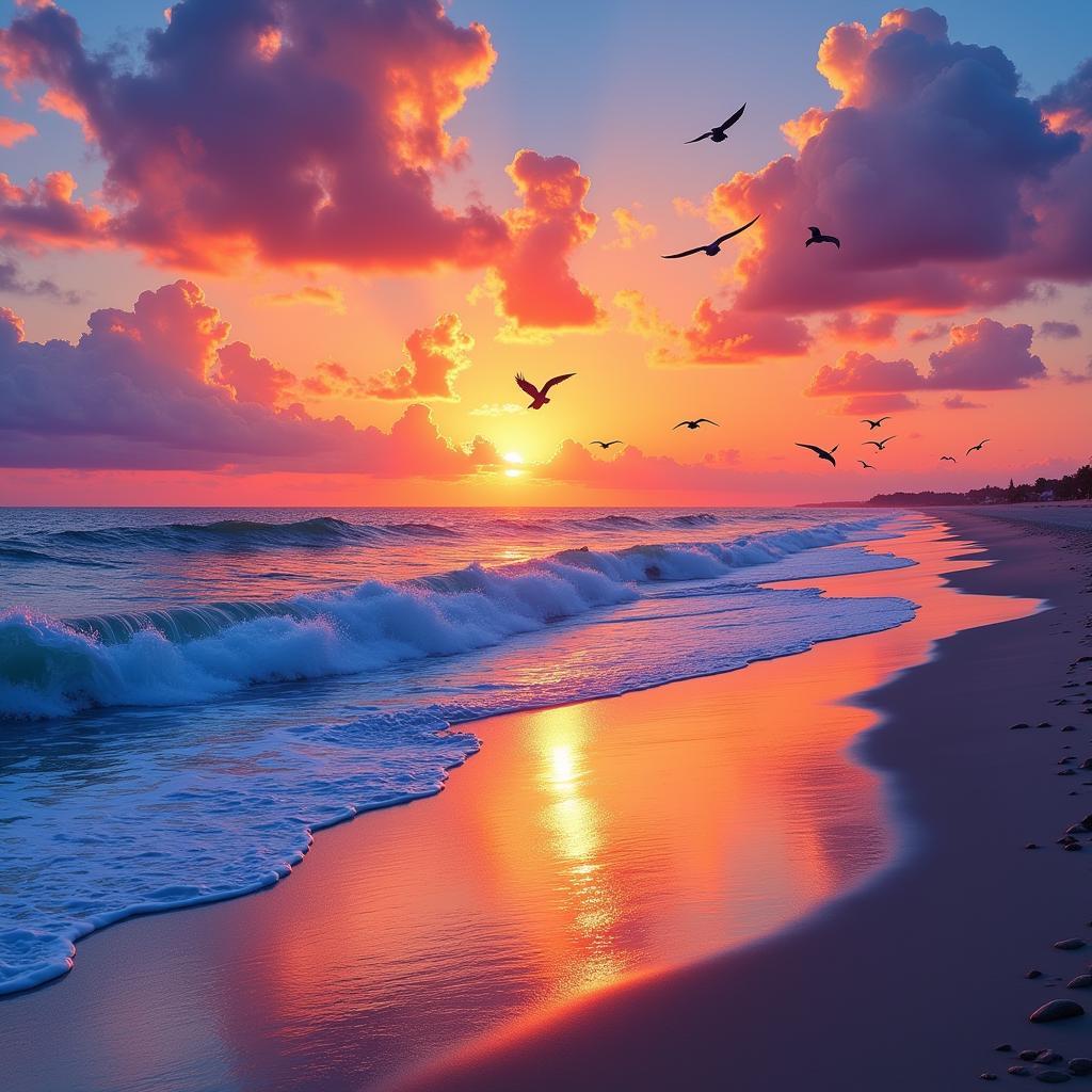 New Jersey beach wall art depicting a vibrant sunset over the Atlantic Ocean with crashing waves and seagulls in the distance.