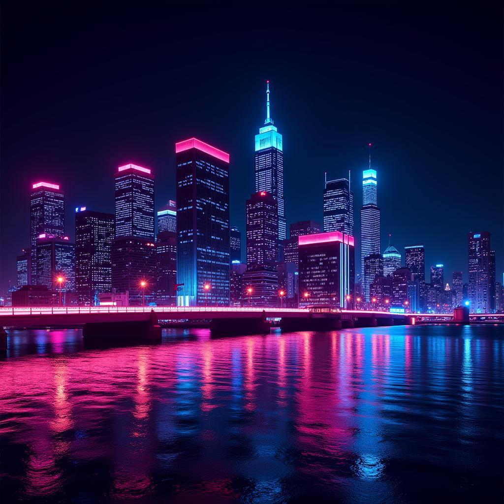 A futuristic, digital art depiction of the Jersey City skyline at night, with vibrant neon lights and dynamic architectural details.