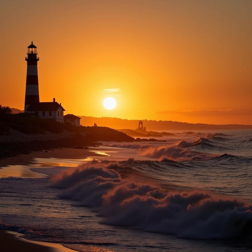 A calming, realistic depiction of a classic New Jersey lighthouse at sunset, with gentle waves lapping at the shore and a warm, golden glow illuminating the scene.